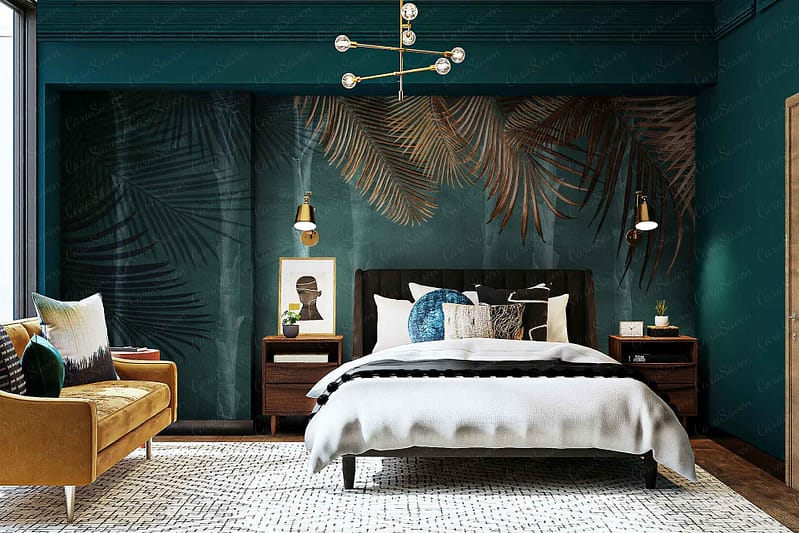 Wallpaper: Dark green with large palm leaf patterns. Features shades of green and touches of light and dark greens to add depth. The palm leaves are intricately detailed, creating a lush, tropical feel against the striking dark green backdrop.