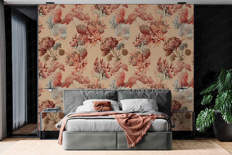 The wallpaper features a bold, floral pattern in shades of red, pink, and gray. The design is energetic and intricate with flowers that contrast beautifully against the background. Elements include large blossoms, delicate petals, and intertwining vines. The red tones are rich and vibrant, the pinks add a soft touch, while the grays provide a balanced elegance.