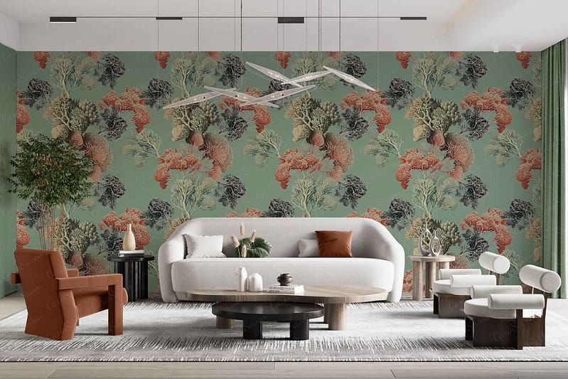 The bold floral-patterned wallpaper in the modern living room features shades of green, orange, and beige. This eye-catching design element highlights vibrant flowers and foliage, creating a natural yet dynamic backdrop for the space. Ideal for search functions focusing on colors: green, orange, beige; elements: floral pattern.