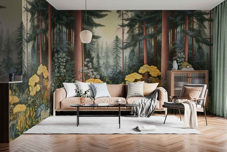 The wallpaper is a large mural depicting a forest scene with tall trees and lush plants. It features varying shades of green, from deep emerald to soft moss, capturing the natural vibrancy of foliage. The trees have rich brown trunks and intertwining branches. Dappled sunlight filters through the canopy, adding touches of gold and light green throughout the scene.