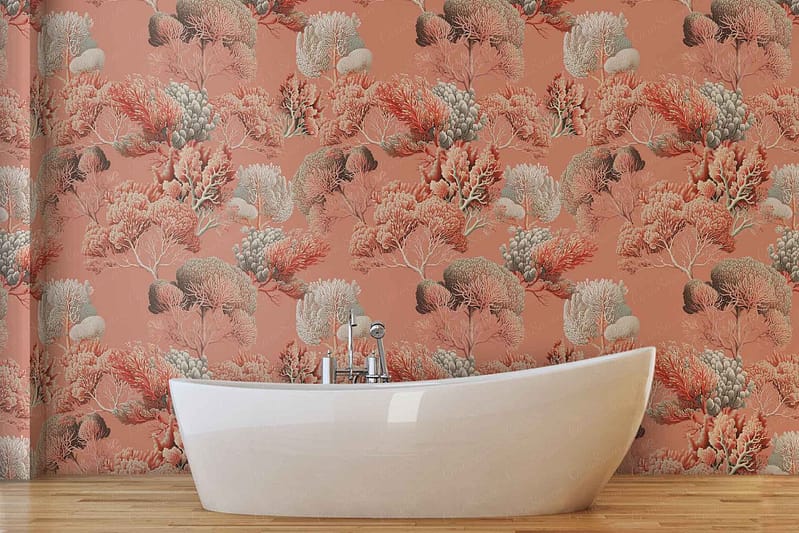 Vibrant coral-themed wallpaper with various shades of pink, orange, and gray sea coral patterns.
