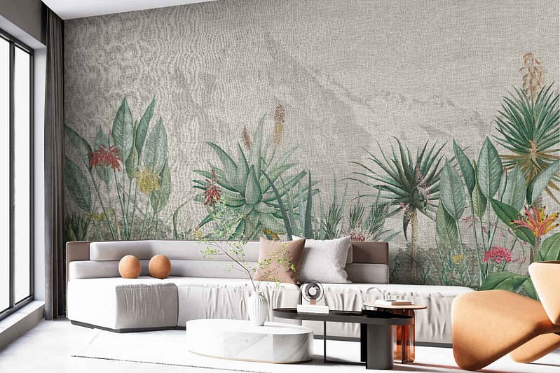The wallpaper in the modern living room features an array of vibrant green tropical plants and colorful flowers. The mural includes various shades of green leaves, lush foliage, and vivid floral accents that add a lively touch to the space. Keywords: tropical plants, green leaves, colorful flowers, lush foliage.