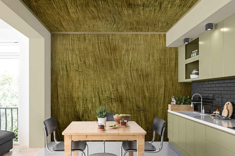 Textured green pattern, imperfect, charming, wall and ceiling.