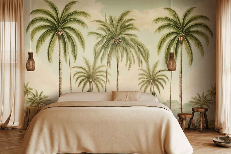Mural of palm trees: lush green fronds, varying shades of green, tall brown trunks, hints of tropical flowers, soft blue sky background.