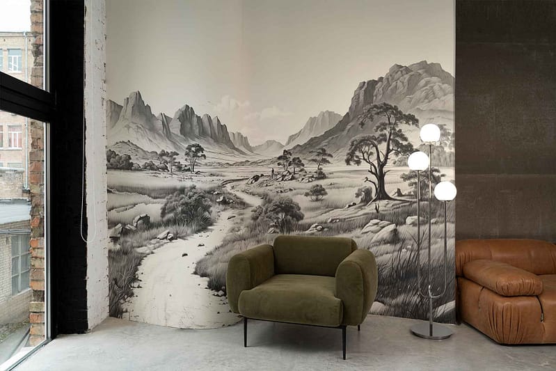 The mural, titled "Walk with Me," showcases a monochrome mountainous landscape featuring a dirt path, trees, and rocky terrain. The primary colors are shades of black, white, and gray.