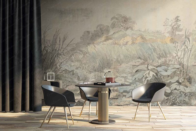 Nature-inspired mural featuring muted tones, plants, and foliage. Depiction of branches and leaves with an organic flow, creating a serene backdrop. Predominantly soft greens, earthy browns, and subtle hints of gray.