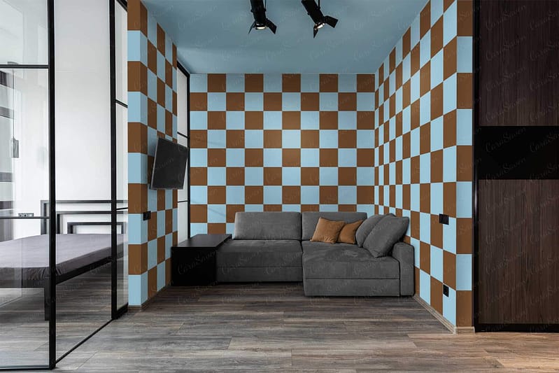 The room's wallpaper features a modern design with blue and brown checkered patterns. This striking combination of blue and brown adds a contemporary flair, forming both the walls and ceiling. The checkered pattern creates visual interest, complementing the overall modern aesthetic.
