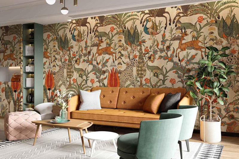 Vibrant jungle-themed wallpaper featuring various animals, colorful foliage, lush Equator regions, bright greens, tropical birds, vivid flowers, exotic plants.