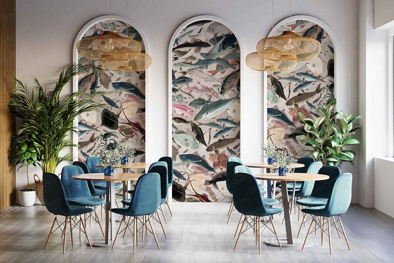 Vibrant fish-themed artwork panels; white framing arches; colorful aquatic designs with hues of blue, teal, orange, and yellow.