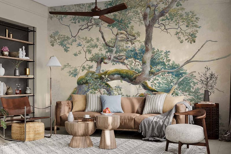 The wallpaper features a large mural of a tree, portraying life "On a Limb". It showcases intricate branches with subtle gradients of green and brown, highlighted by soft pastel hues. The design includes detailed leaves and delicate blossoms in shades of pink and white. It evokes a sense of natural beauty with its earthy tones and serene imagery.