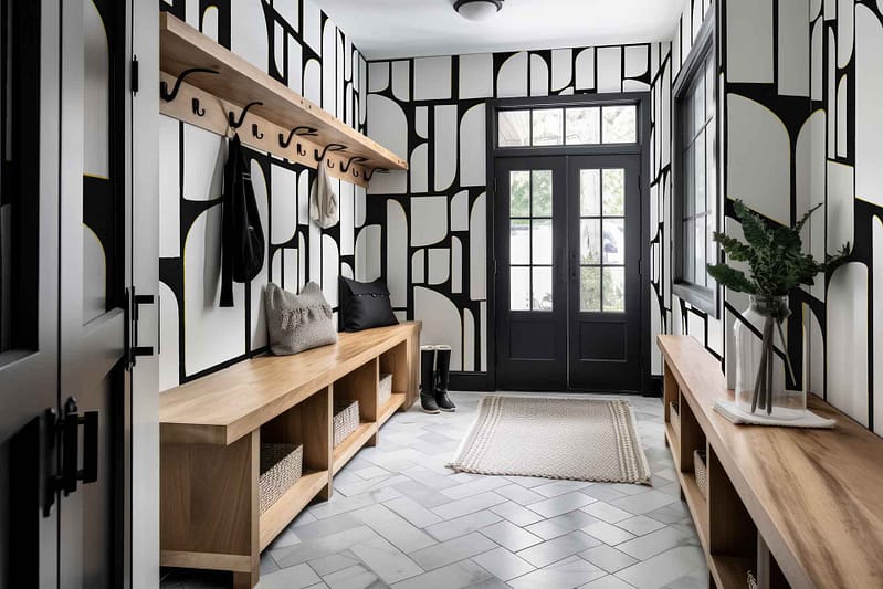 Geometric black and white wallpaper. Triangular patterns. Sharp lines and contrasts. Bold monochrome design, striking visual impact.