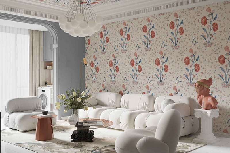 The floral-patterned wallpaper features red and blue hues, providing vibrant and complementary colors against a white wall backdrop.