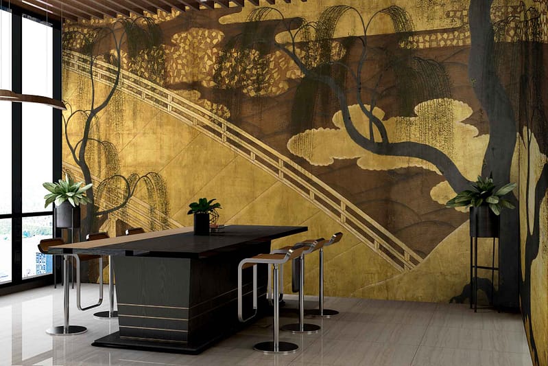 Abstract nature-inspired mural featuring shades of gold. Elements include organic shapes, flowing lines, and textured patterns.
