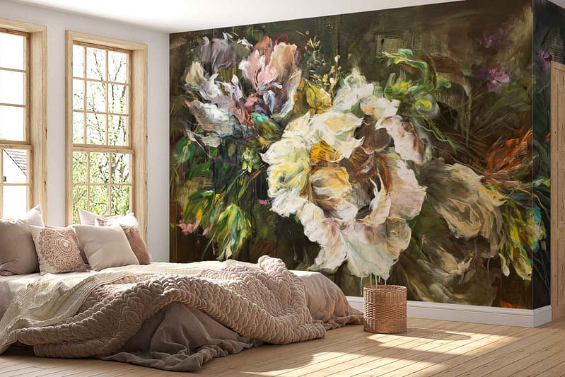 A large floral mural with white and pink flowers on a green background.