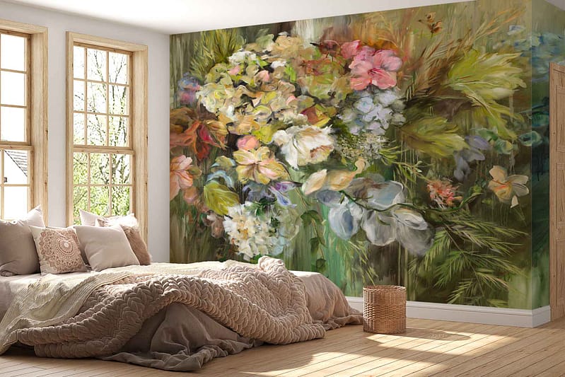 Vibrant floral wall mural: bold, colorful flowers, vivid reds, deep blues, lush greens, bright yellows. Detailed petals and leaves create an intricate pattern. This lively mural enhances any space with its dynamic and cheerful design.