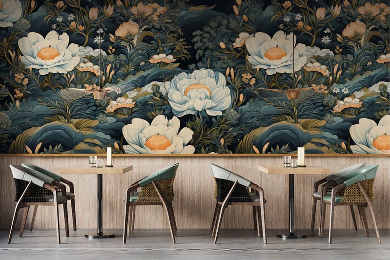 The wallpaper features an elaborate floral mural with large flowers and leaves in shades of green, white, and orange. The design exudes a vibrant and eclectic style reminiscent of Daisy Jones.