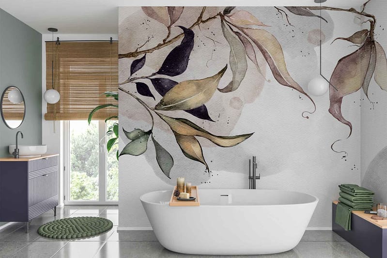 Artistic mural of leaves in earthy tones behind the bathtub: rich browns, deep greens, hints of beige. Forest-inspired patterns creating a natural, serene backdrop.