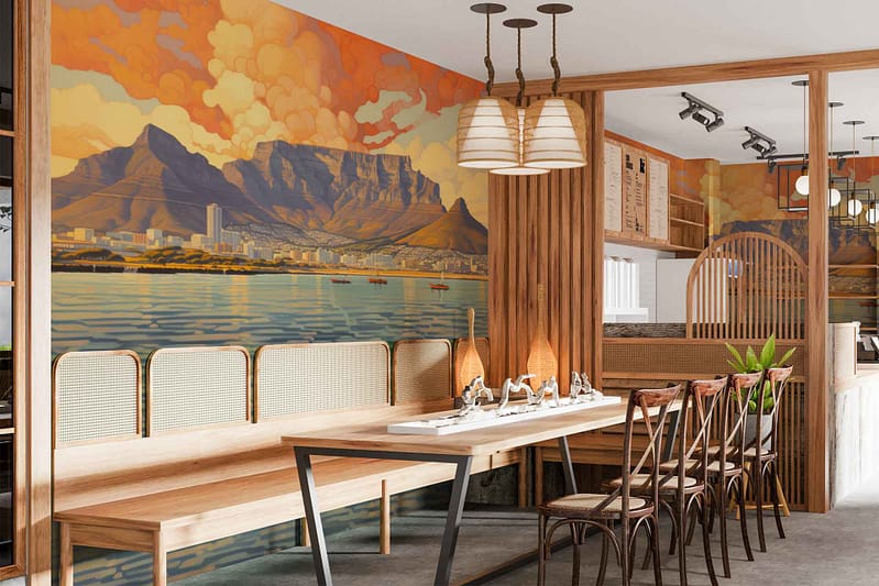 The mural wallpaper features a Namibian landscape with elements including a **waterfront city** and a **cloudy sky**. The colors prominently include **deep blues**, **earthy browns**, and **soft grays** to depict the sky, water, and urban structures. The landscape is enriched with hints of **greenery** representing vegetation along the waterfront.