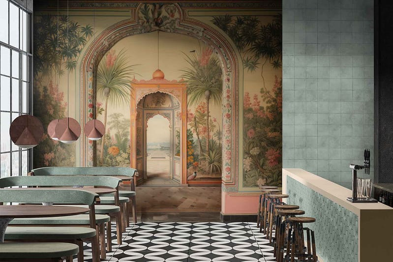 The wallpaper features a large mural of an ornate, arched doorway surrounded by lush greenery. Elements include intricate details on the doorway and a backdrop of verdant leaves and plants. Key colors are rich greens, earthy browns, subtle grays, and hints of gold in the ornamental design. The overall theme is nature-infused with historic elegance.