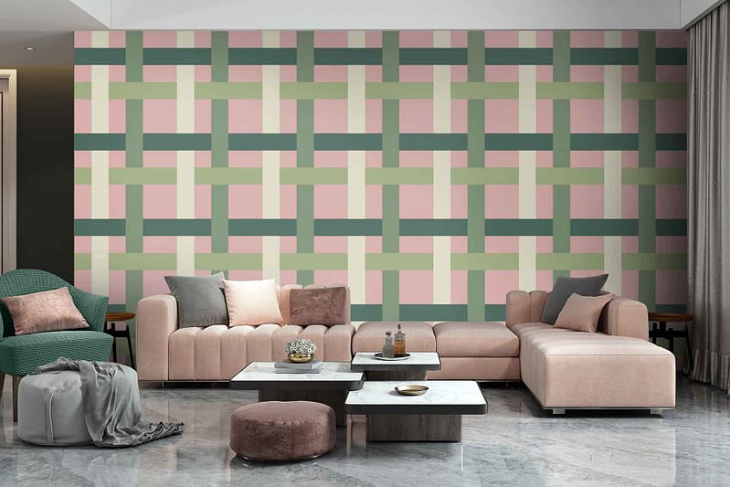 Colorful geometric rectangles, barcode patterns, colorful. Colors: pink, beige, green.