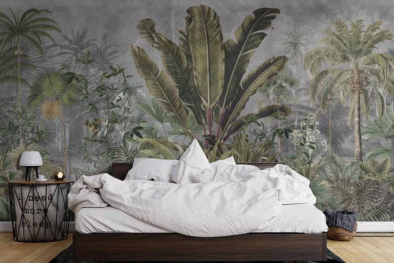 The wallpaper features a striking mural of tropical plants, including large leaves, palm trees, and Ming Cacti. The colors include lush greens, vibrant blues, earthy browns, and subtle hints of yellow and pink.