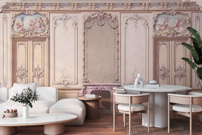 Intricately decorated wallpaper featuring classical art motifs in muted golds, rich burgundies, deep blues, and soft creams with delicate scrollwork and ornate patterns. It presents a sophisticated backdrop with detailed depictions of mythical creatures, intricate floral designs, and elegant arabesques that evoke historical opulence.