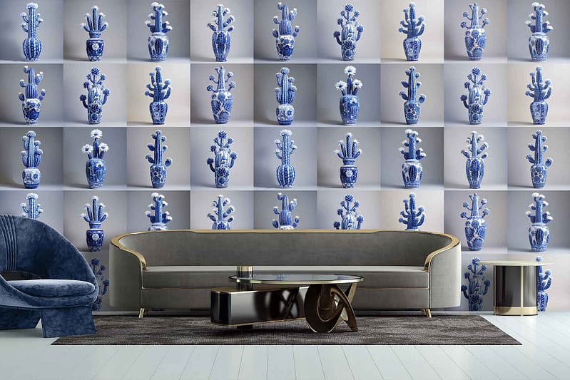 Ming-inspired wallpaper, statement wall, vases in grid, artistic flowers and cacti, intricate designs, blue and white tones.