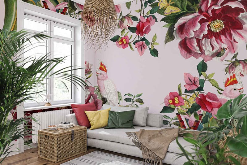 Floral wallpaper with large pink and red flowers, including peonies, and white cockatoos.