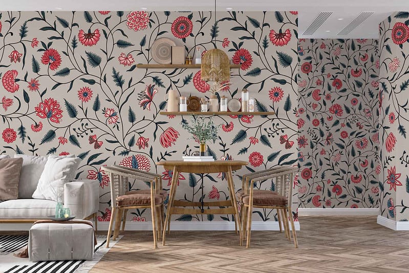 Vibrant floral wallpaper, red flowers, black flowers, colorful pattern.
