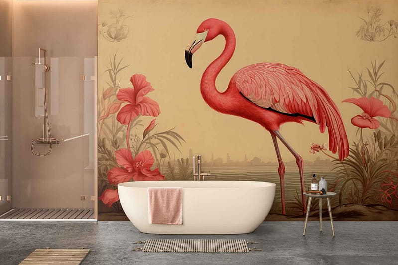 The wallpaper features a large mural of a pink flamingo complemented by tropical flowers and lush foliage. The backdrop is a calming beige, accentuating the vibrant pink hues of the flamingo and blossoms. The design captures serene beauty with elements such as tropical leaves in various shades of green, delicate flower petals in soft pinks, and subtle touches of cream to tie everything together.