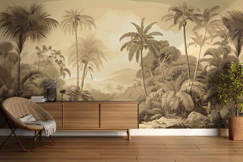 Tropical-themed mural: palm trees, mountain landscape, marine adventure. Colors: greens, blues, earth tones.