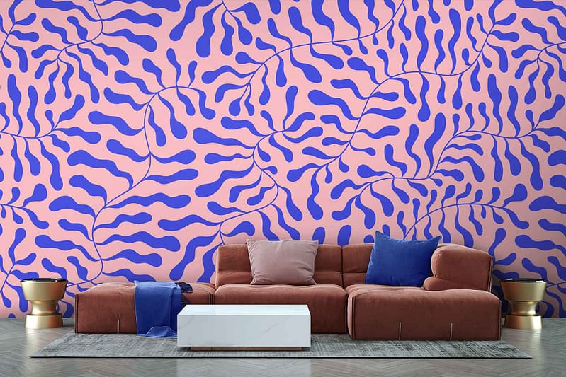 The wallpaper features a bold, abstract pattern with wavy blue lines on a light pink background, adding a whimsical touch.
