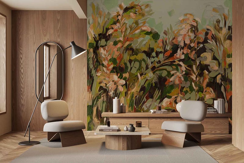 The wallpaper is a large abstract floral mural featuring warm colors reminiscent of Everlastings. It incorporates shades of deep oranges, rich browns, and muted yellows with intricate patterns and organic shapes.