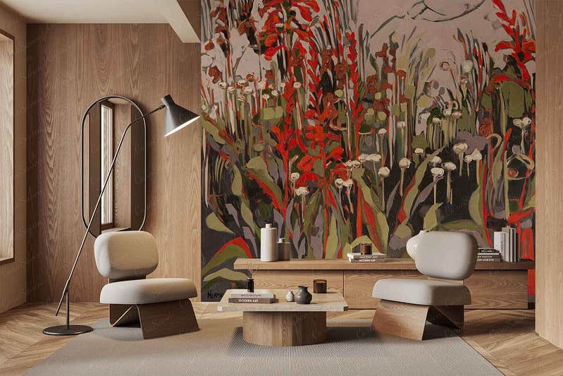 - Large colorful mural
- Aristea Capitata design
- Red and green abstract floral patterns