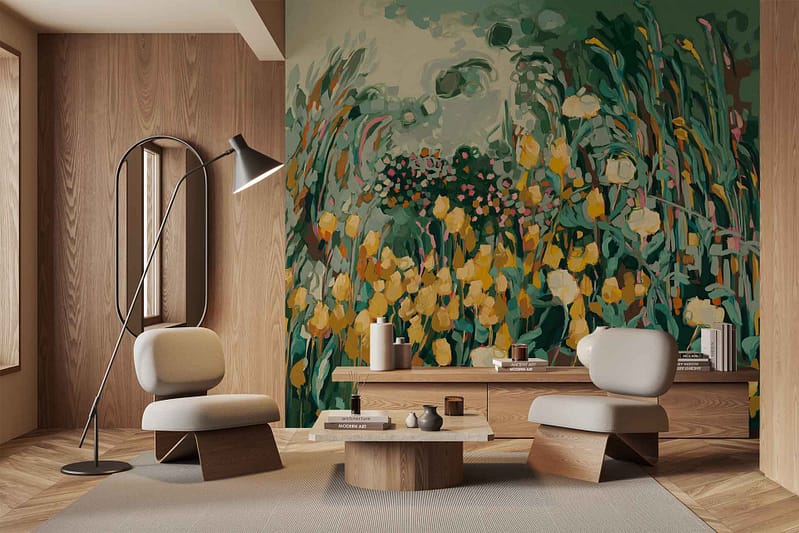 Abstract floral patterns, green, yellow, pink tones, Pause Series-inspired.