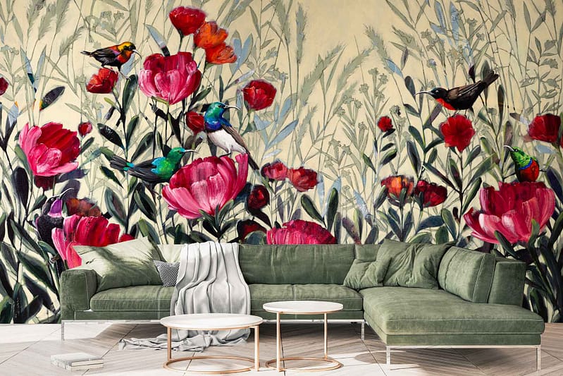 The wallpaper features a vibrant mural with colorful flowers in shades of red, yellow, blue, and pink. Messenger birds in hues of white and gray are interspersed among the flowers. The background is a lively mix of greens and subtle pastels.