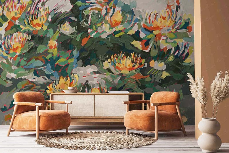 Vibrant and colorful floral mural with abstract touches. Features bold reds, bright yellows, deep blues, rich greens, and soft pinks. Includes elements of large blooms, delicate petals, winding vines, and playful brush strokes.