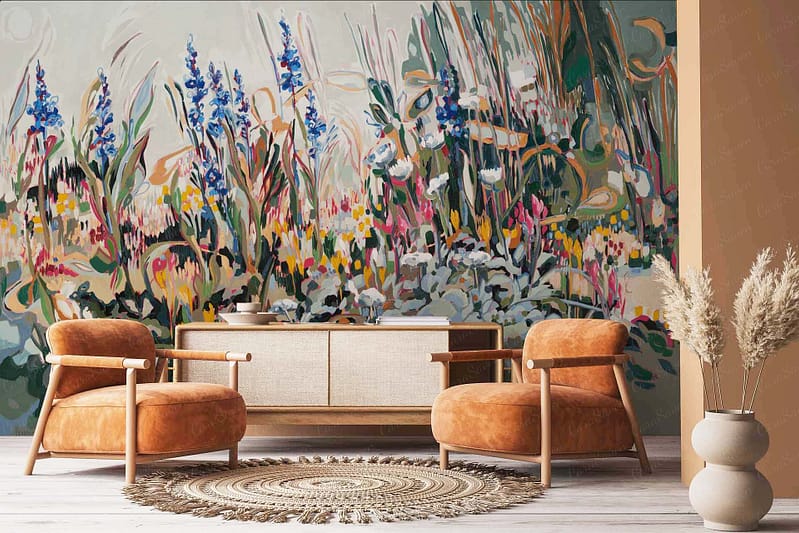 Vibrant mural of abstract Pincushion Proteas with bold colors. Features rich reds, oranges, and soft yellows interwoven with deep greens and hints of earthy brown. Bright and dynamic floral patterns dominate the wallpaper design.