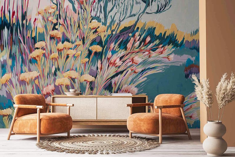 Wallpaper features:
- Vibrant, abstract mural
- Colorful flowers and plants
- Style reminiscent of Abstract Pincushion Proteas from the Response Series
- Elements: Flower petals, lush foliage, intricate patterns
- Colors: Bright reds, oranges, yellows, greens with hints of blue