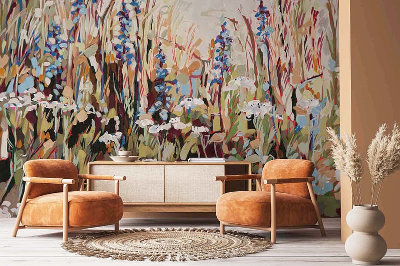 Large, colorful mural, wildflowers, tall grasses, pincushion proteas, exotic touch.