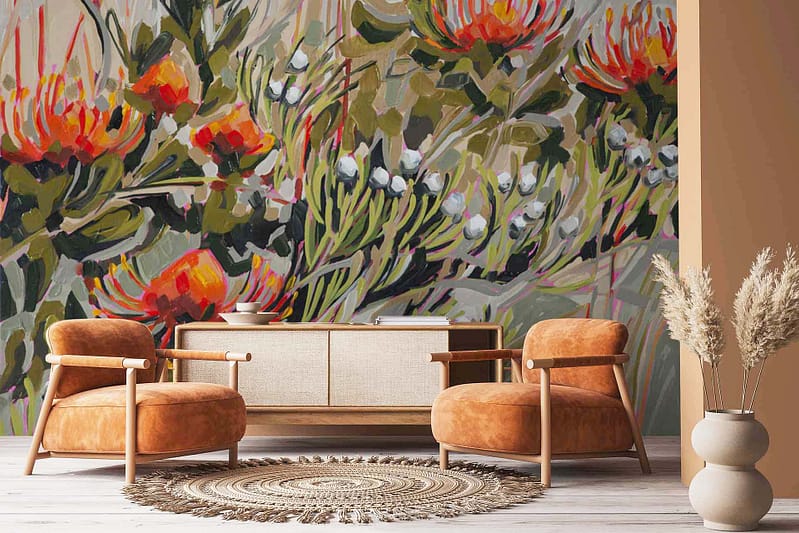 The wallpaper features a vibrant, floral mural with orange and red flowers, green foliage, and small white buds—reminiscent of Abstract Pincushion Proteas. This artistic touch includes rich hues and detailed botanical elements.