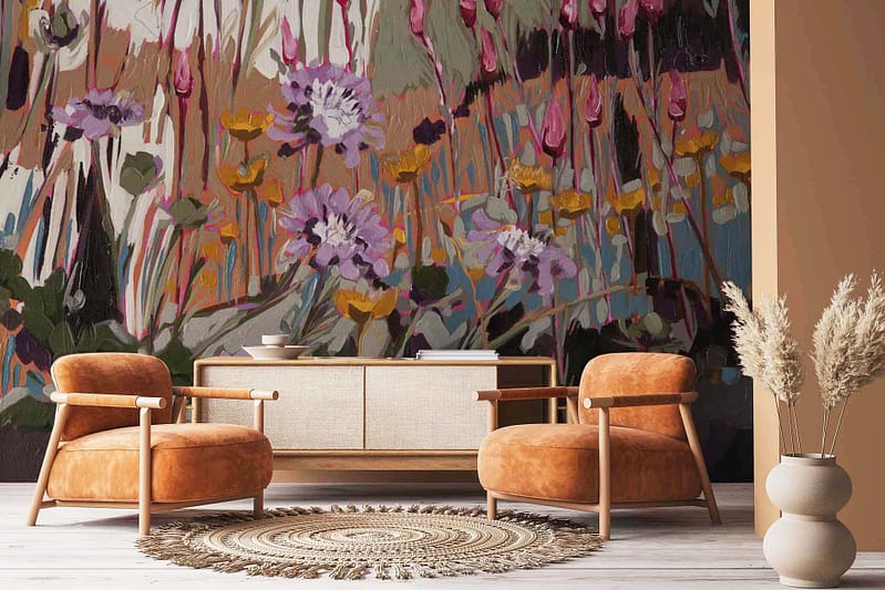 Mural features abstract pincushion proteas in vibrant colors such as bright orange, yellow, and green. Bold, energetic brushstrokes with hints of pink and purple. Clean lines in a modern style.