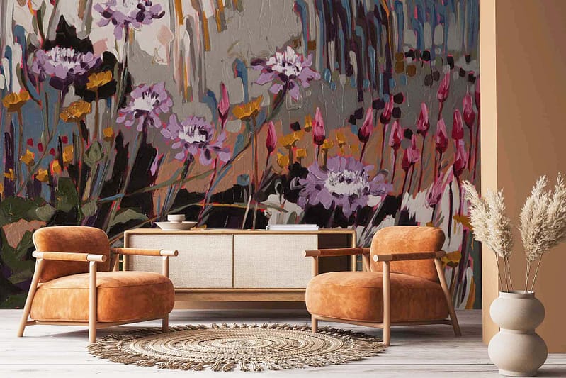 Vibrant abstract floral wallpaper with shades of purple, pink, yellow, and green.