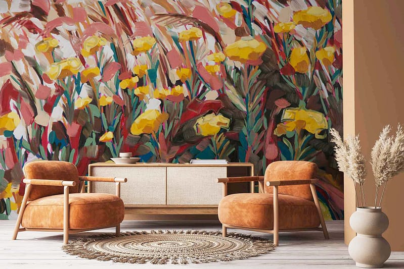 The wallpaper features an Abstract Pincushion Proteas mural with vibrant red, yellow, and green hues.