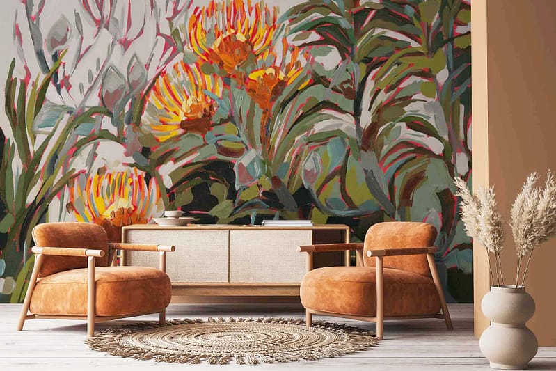 Abstract pincushion proteas mural, bold colorful flowers, vibrant foliage, rich reds, bright yellows, deep greens, intricate patterns.