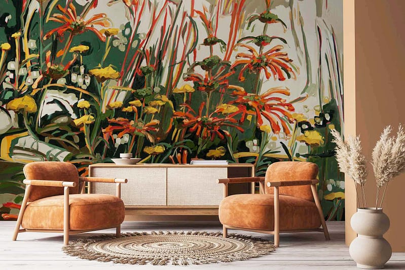 Vibrant botanical mural: red, orange, yellow flowers; Pincushion Proteas