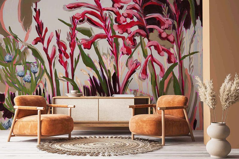 A vibrant mural featuring pink and red flowers dominates the wall, inspired by the Response Series.