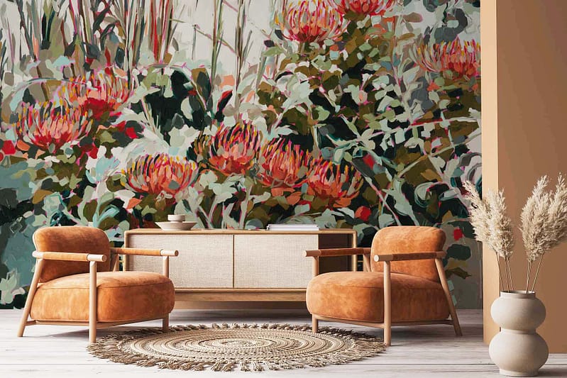 The wallpaper from the Response Series features a vibrant mural with red and pink abstract pincushion proteas. The background includes dynamic patterns and bold, energetic colors that highlight the intricate details of the proteas, creating a striking visual appeal.