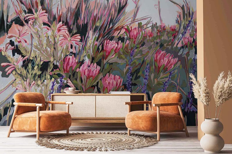 Colorful floral mural featuring Abstract Pincushion Proteas, vibrant reds, deep oranges, soft pinks, and lush greens; intricate details and bold shapes; lively botanical patterns.
