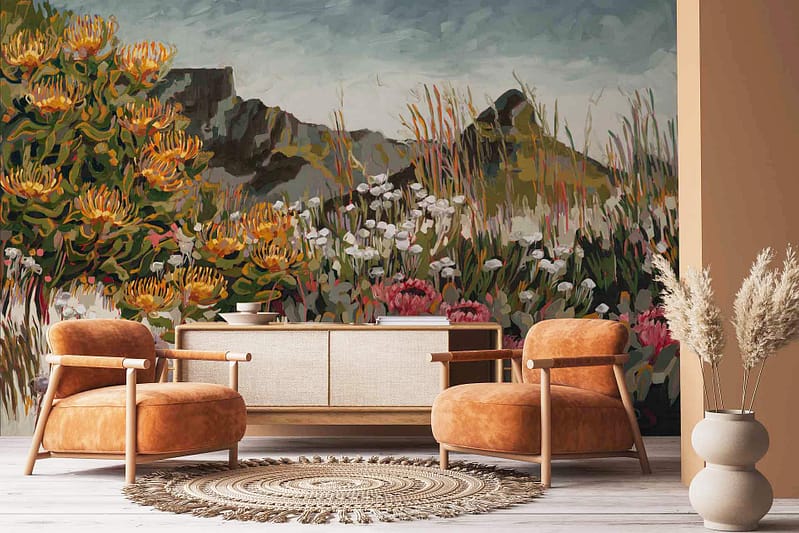 The wallpaper showcases an abstract landscape mural with vibrant flowers, mountains, and a moody sky. It features elements of nature like flowers and mountains, using colors such as vibrant hues for the flowers and darker tones for the sky to create a dramatic effect.